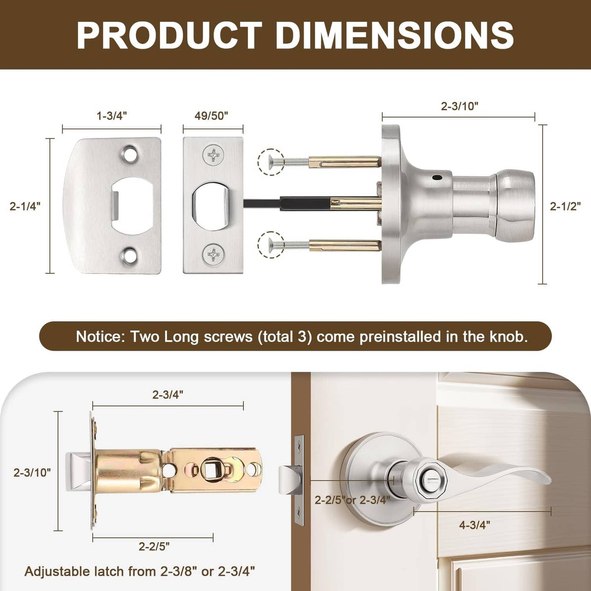 Brushed nickel privacy door handle with mounting plate and latch parts