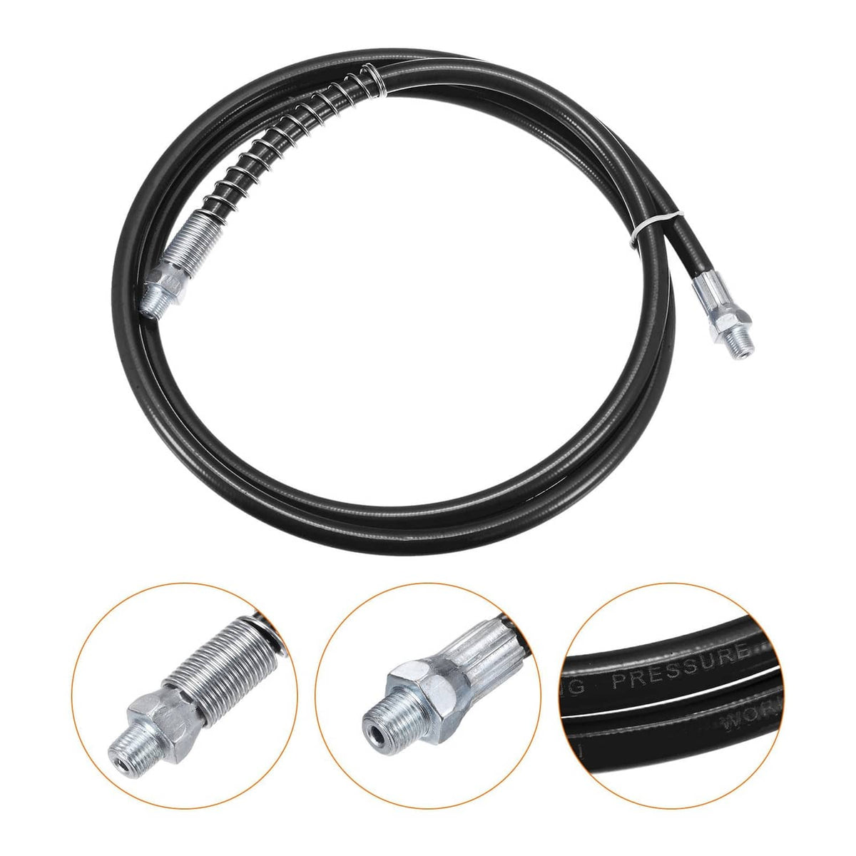Black grease gun hose loop with spring-coil section and metal coupler ends