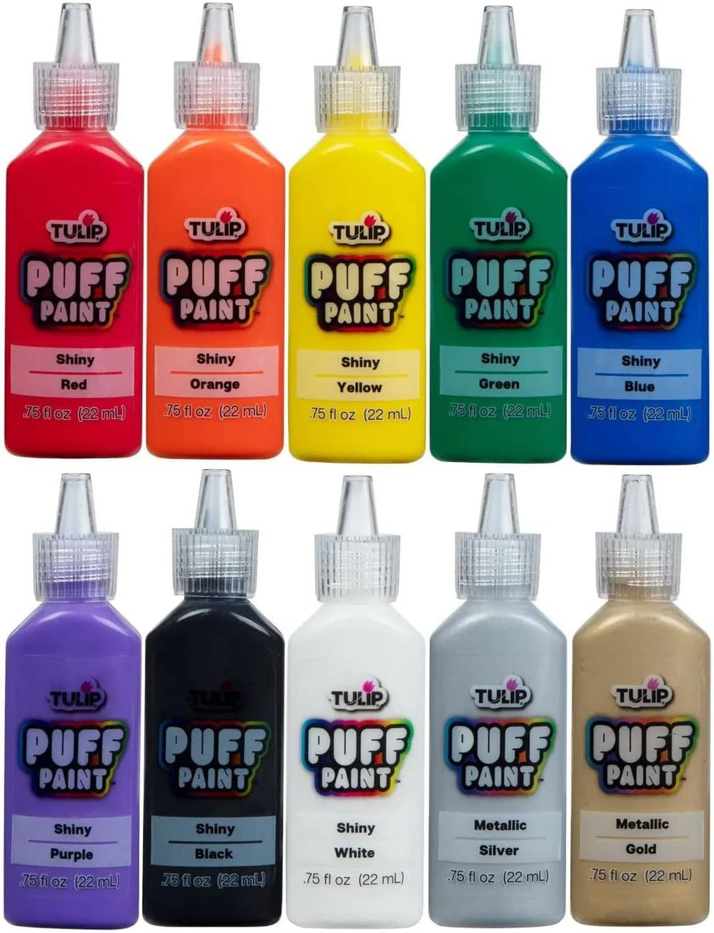 Assorted Tulip Puff Paint bottles in shiny and metallic rainbow colors for permanent artwork