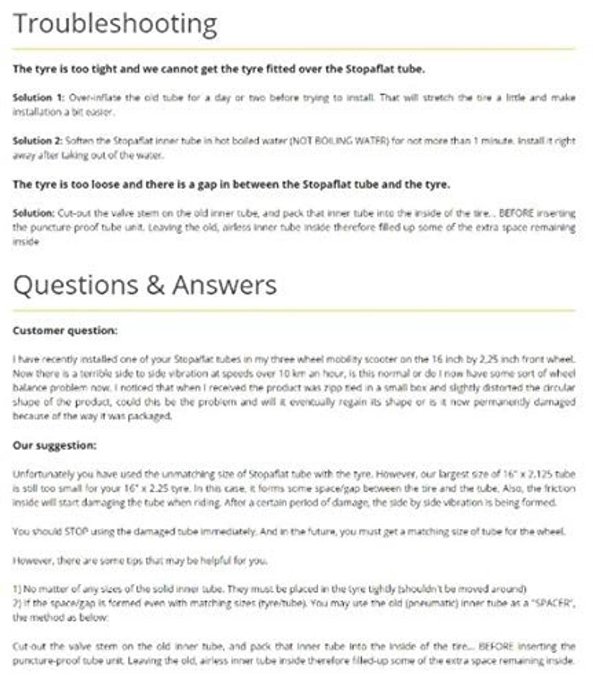 Stop-a-flat troubleshooting page for installation fit issues and correct tube seating.