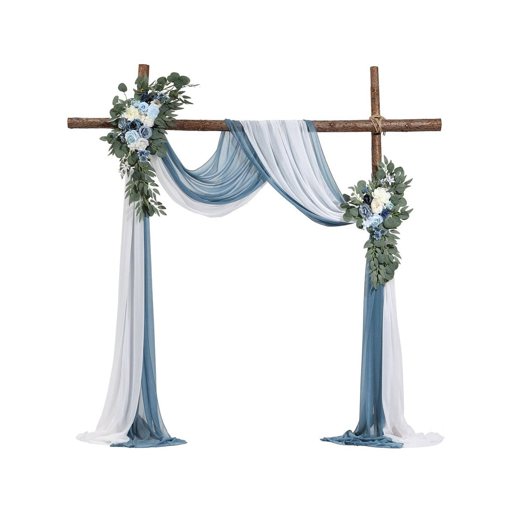Artificial wedding arch with blue-and-white drapes and flower clusters on wooden frame
