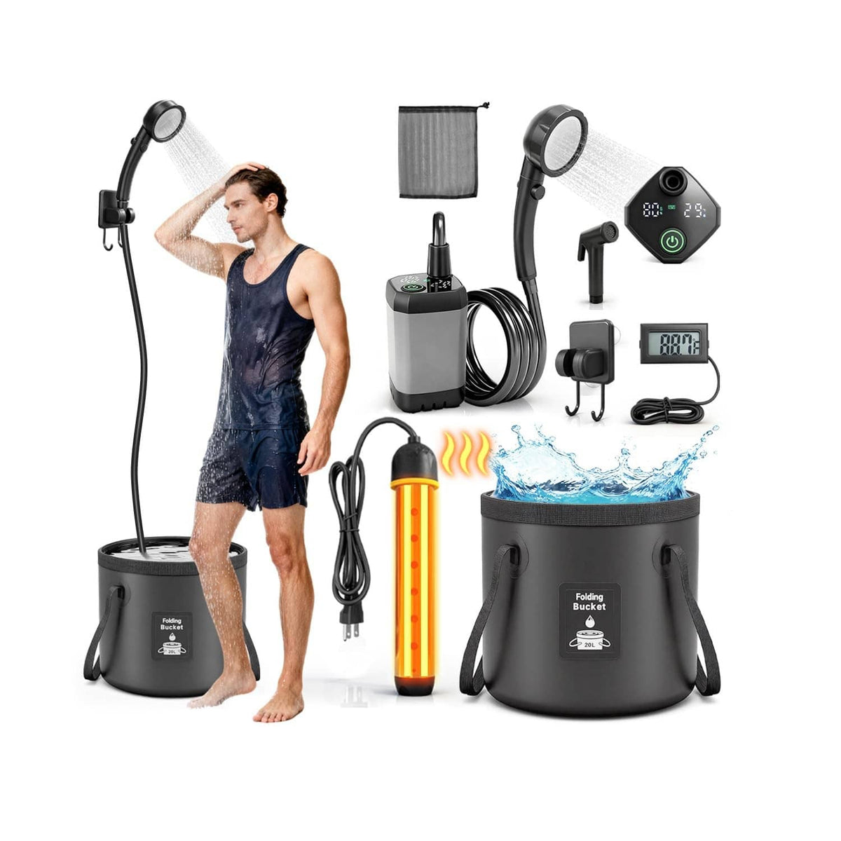 Portable camping shower system with black heater bucket, hose, shower head, control display