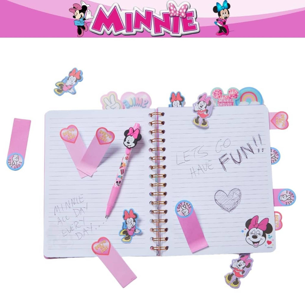 Minnie Mouse spiral notebook open with lined pages, pink tabs, and heart stickers