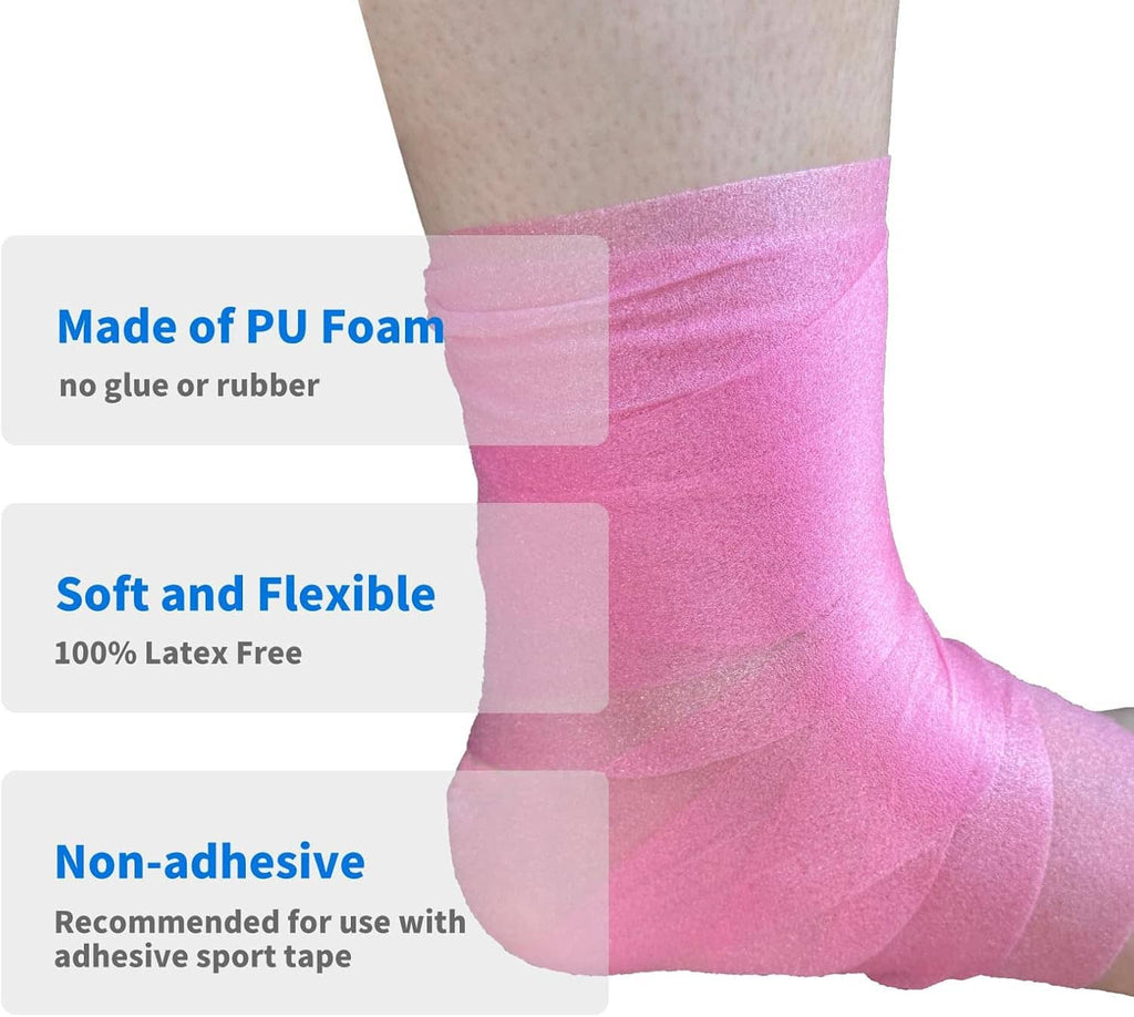 Pink non-adhesive PU foam wrap on lower leg, elastic stretch