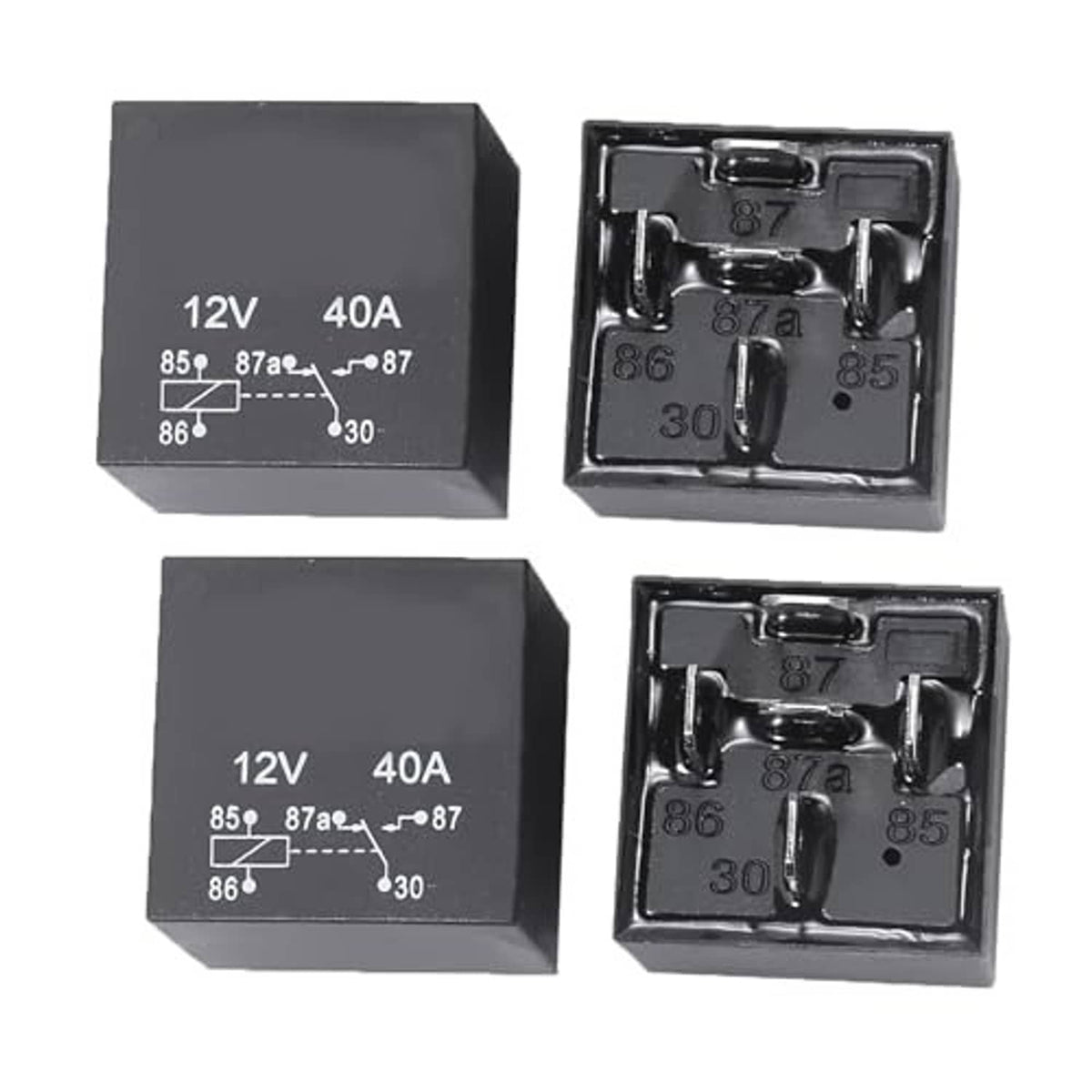 12V 40A car relay, black housing with printed wiring diagram and exposed contacts