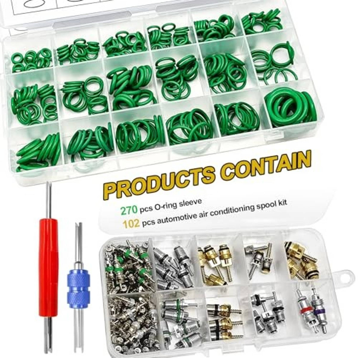 Car A/C O-ring and valve core kit with green O-rings and red/blue handle tools
