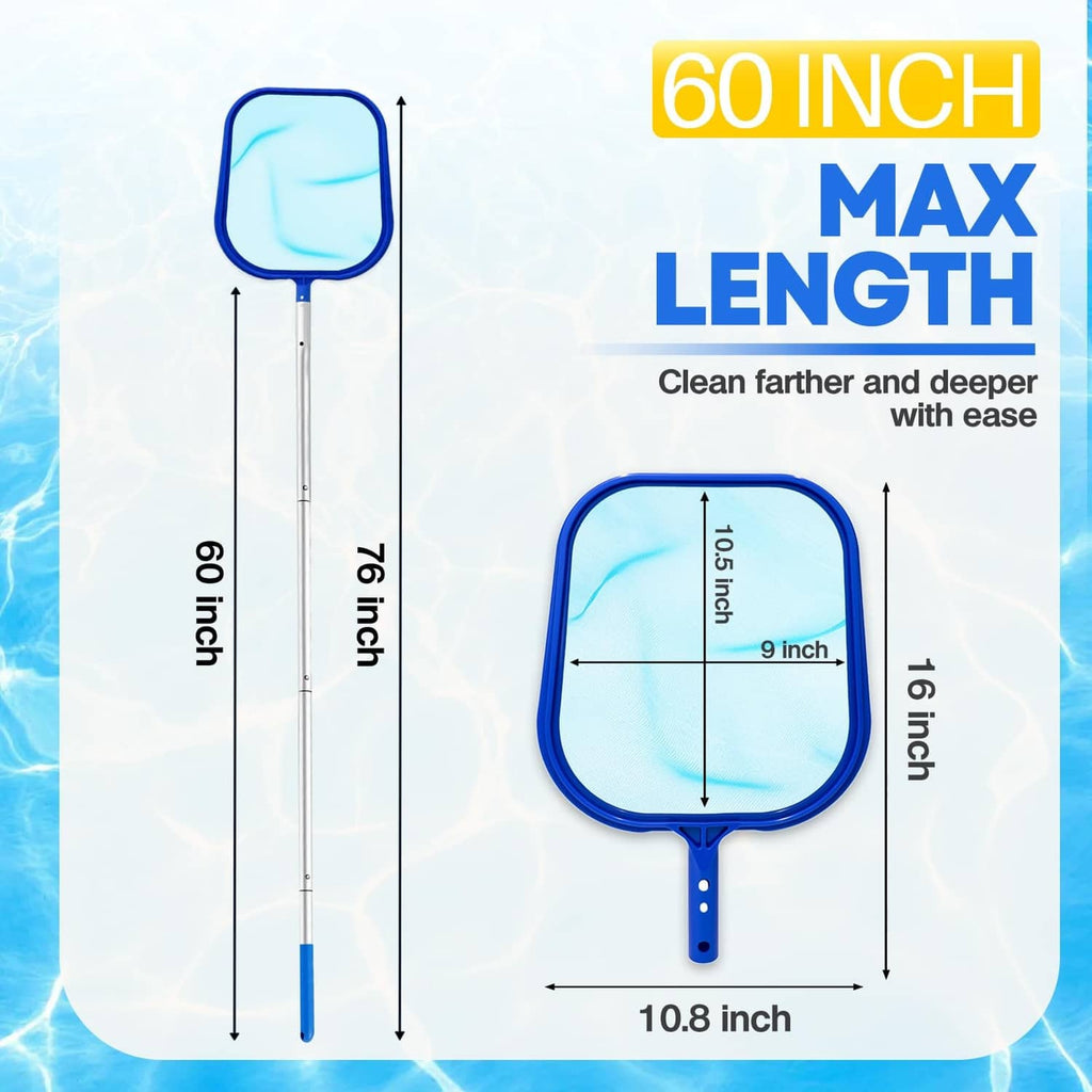 Blue pool skimmer net with extension pole showing 60-inch max reach