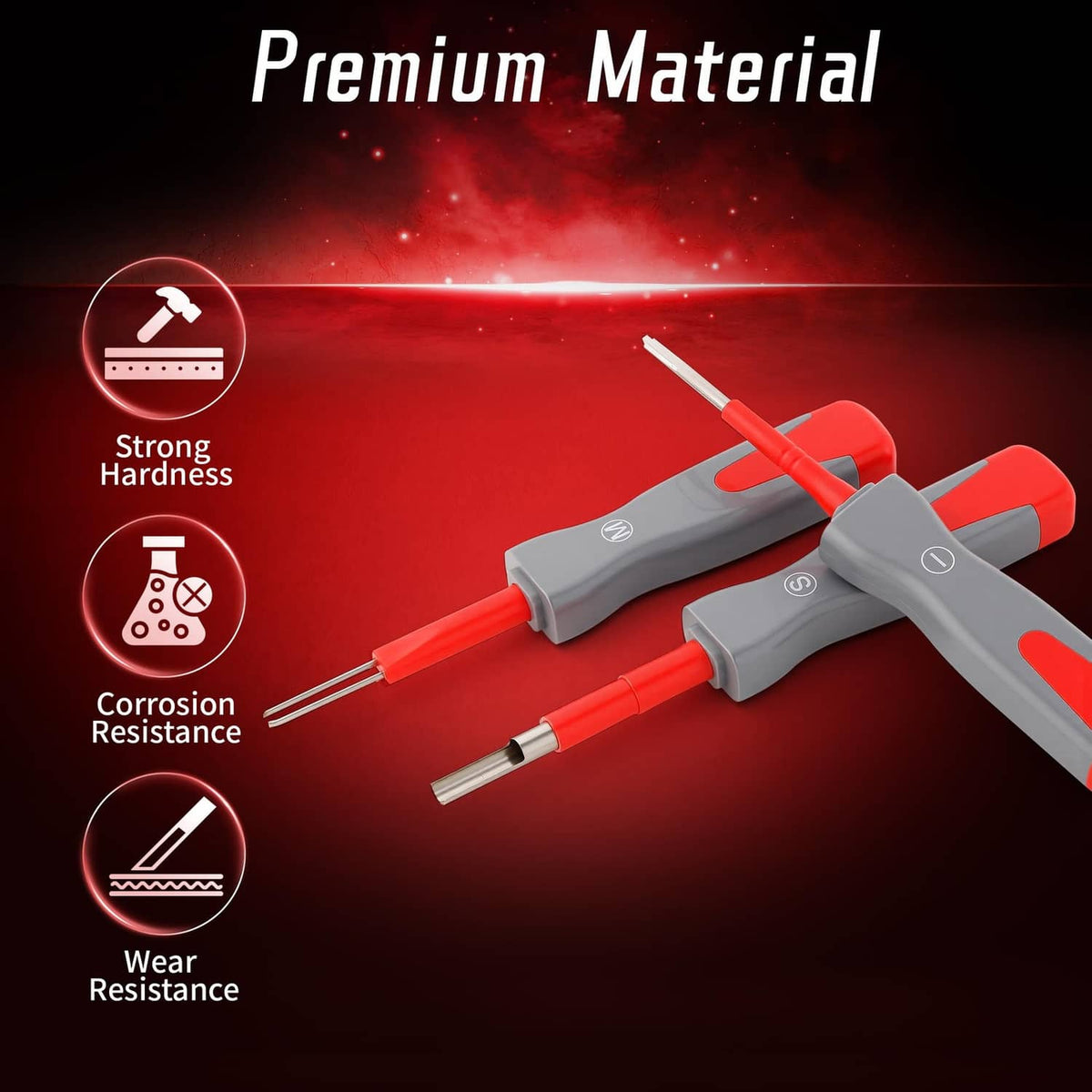 Terminal removal tool with red handle, gray body, and metal rod