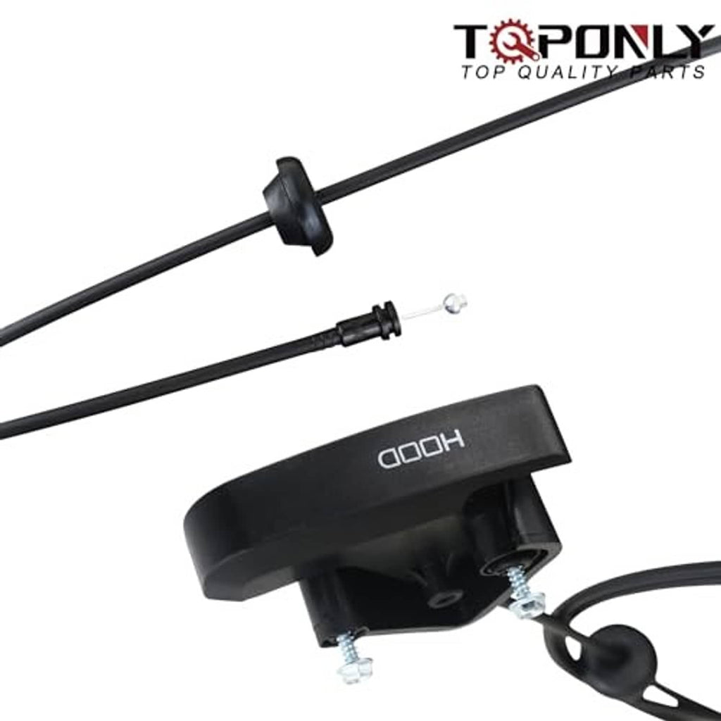 Close-up of black hood release pull handle and cable