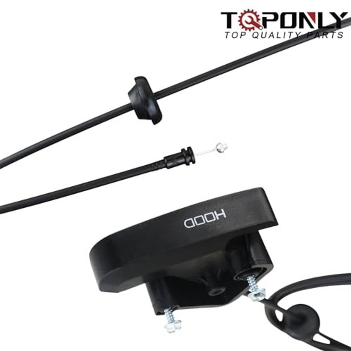 Close-up of black hood release pull handle and cable