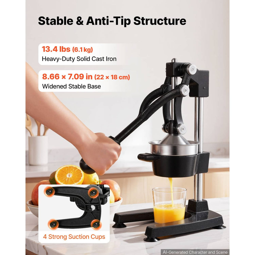 Manual citrus juicer press with black base, sturdy cast-iron style construction