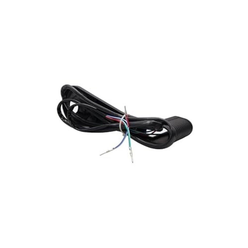 Coiled black wire harness with multiple colored wires and exposed metal tips