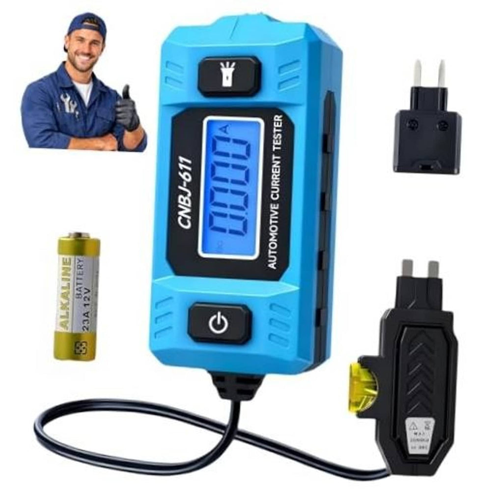 Blue automotive current circuit tester with LCD screen and probe cable attachments