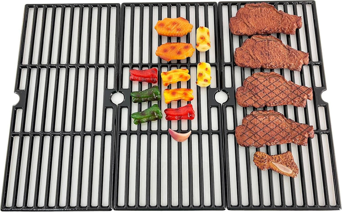 Porcelain-coated cast iron cooking grate holding assorted grilled food pieces