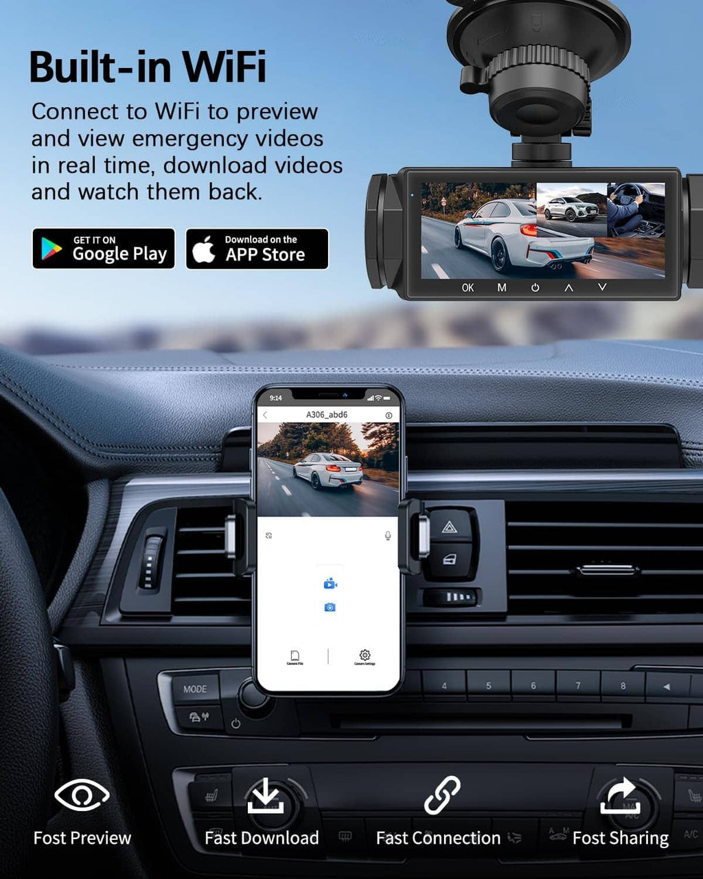 Dash cam with built-in WiFi showing smartphone preview for video download and sharing