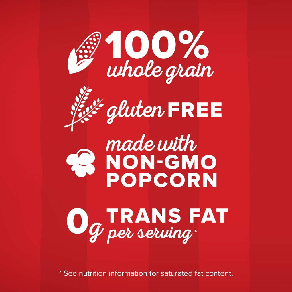 Microwave popcorn tub label: 100% whole grain, gluten free, non-GMO popcorn