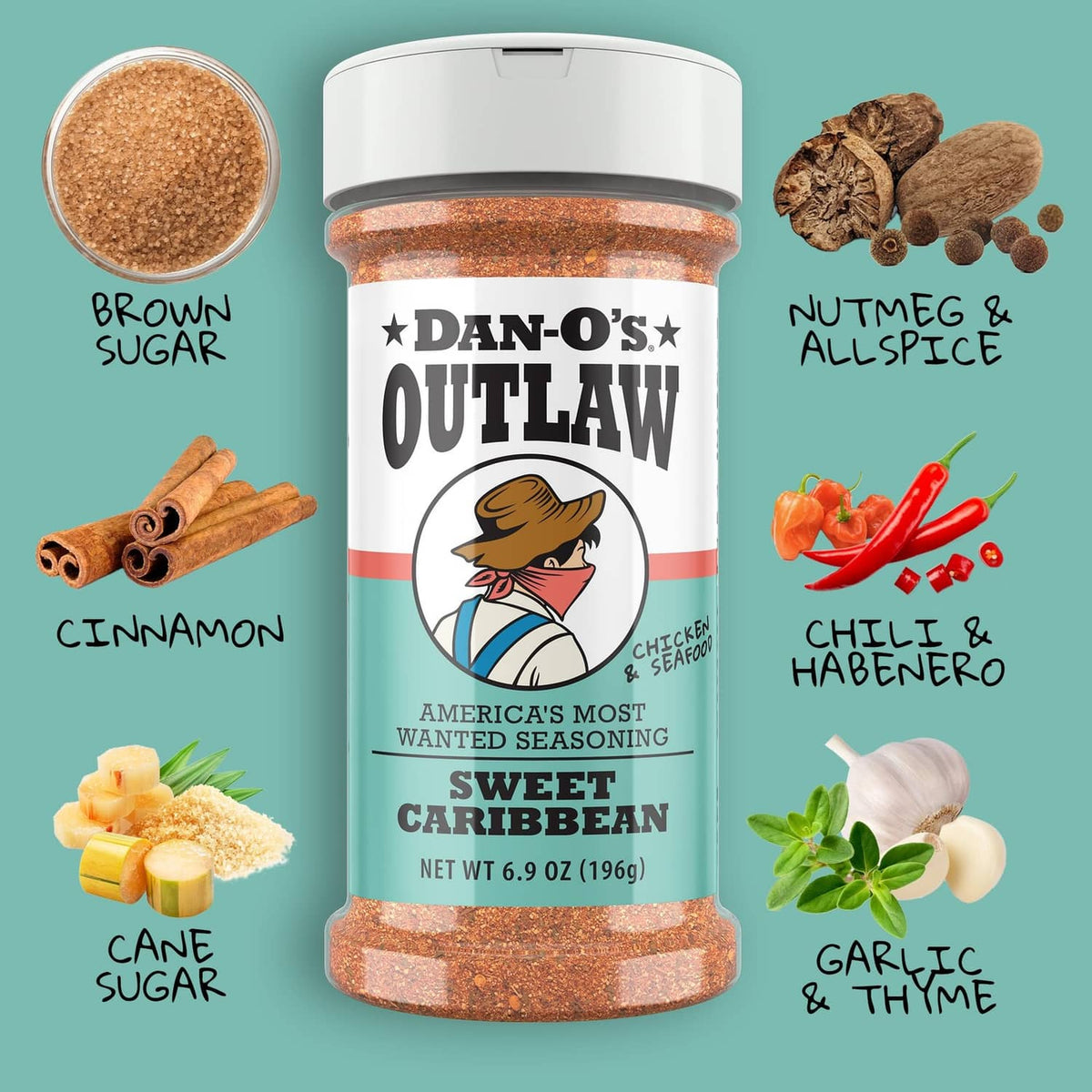 Dan-O's Outlaw Sweet Caribbean seasoning bottle with spice ingredient icons around it
