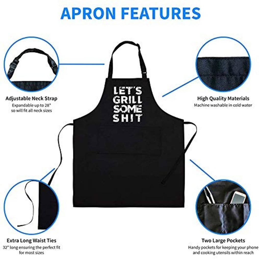 Black BBQ apron features: adjustable neck strap, long waist ties, two large pockets