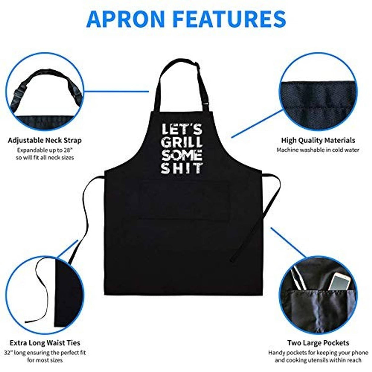 Black BBQ apron features: adjustable neck strap, long waist ties, two large pockets