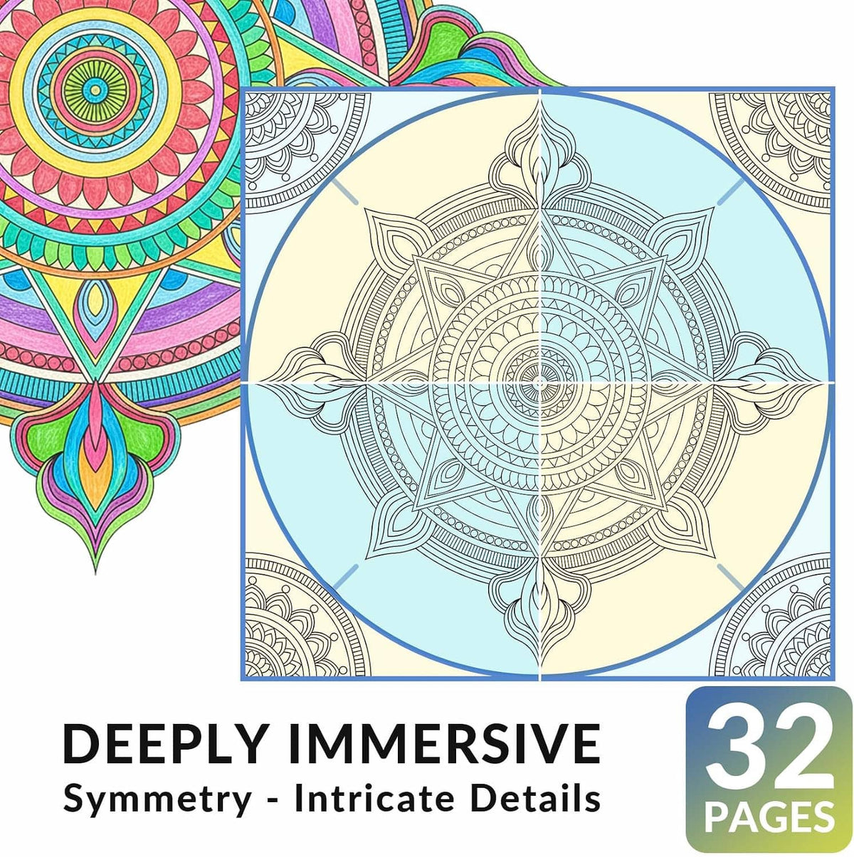 Adult mandala coloring book cover with large light-blue star mandala outline