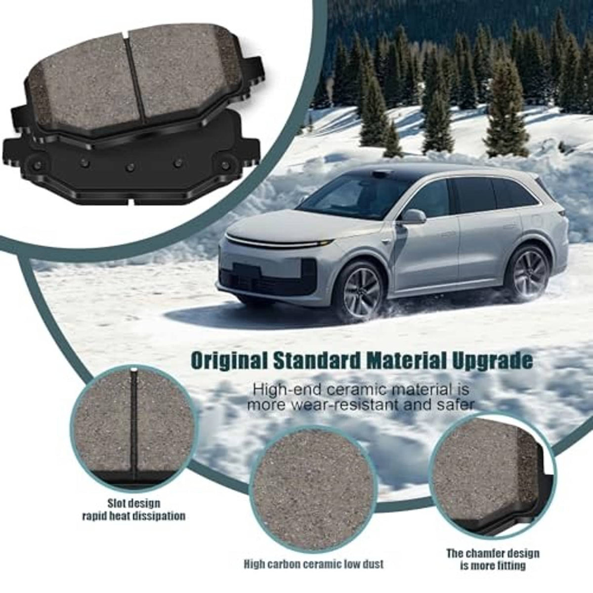Ceramic brake pads with gray friction surface and black backing, close-up pair