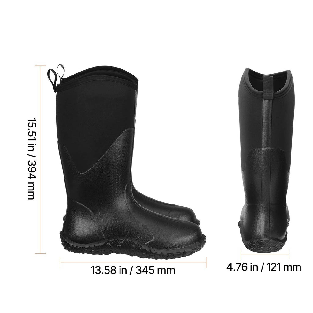 Black tall rubber boot side view with pull loop and rugged textured outsole