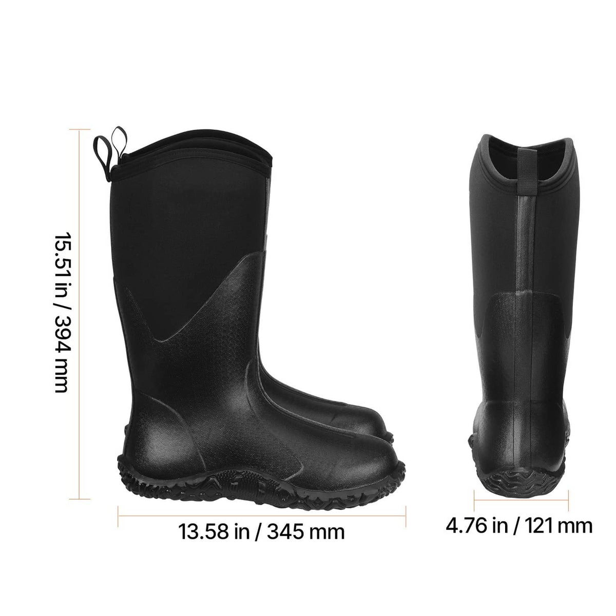 Black tall rubber boot side view with pull loop and rugged textured outsole