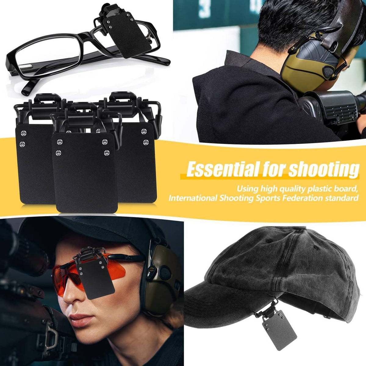 Black clip-on shooting glasses patch with adjustable clips and glasses frame mount