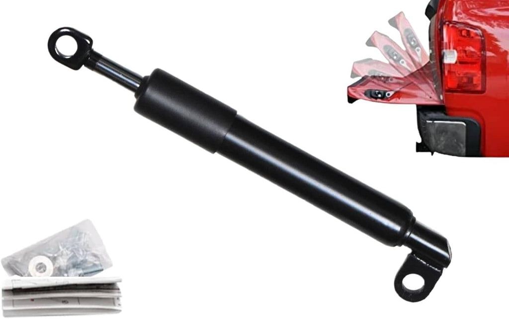 Black tailgate assist shock cylinder with mounting brackets and kit components