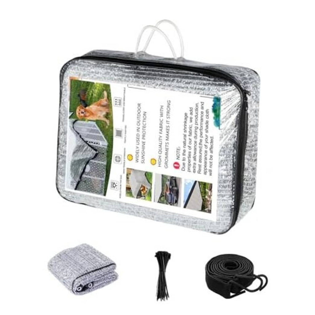 Reflective sun shade cloth kit with carrying case, folded blanket, grommet ties, and rope