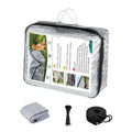 Reflective sun shade cloth kit with carrying case, folded blanket, grommet ties, and rope