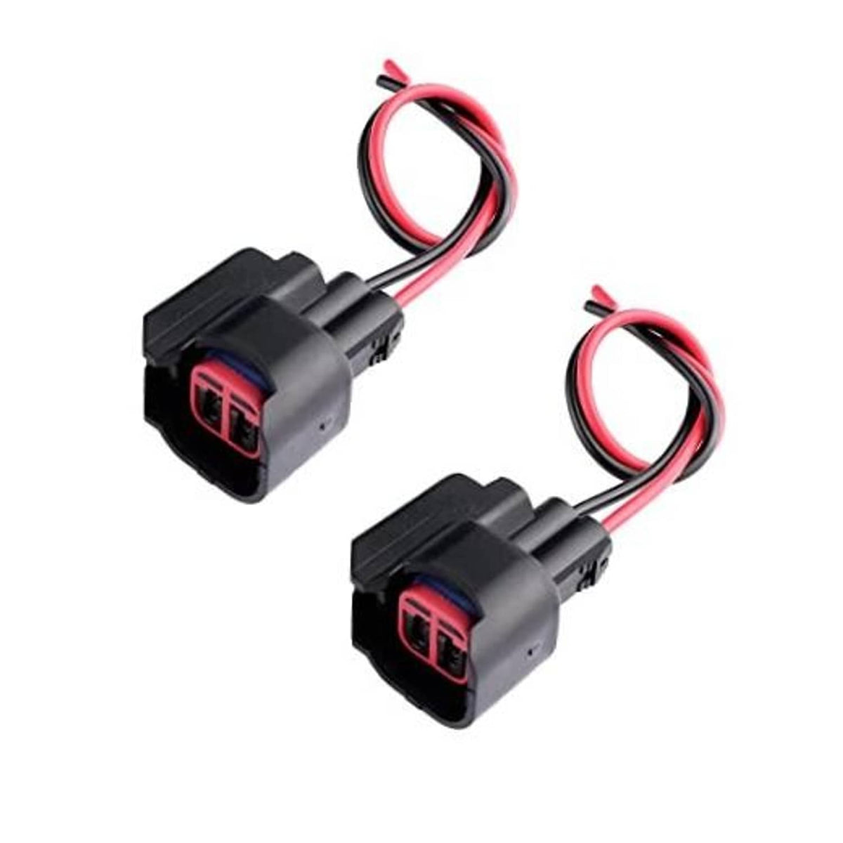Fuel injector connector pair with red/black wires, gray housing and red port openings