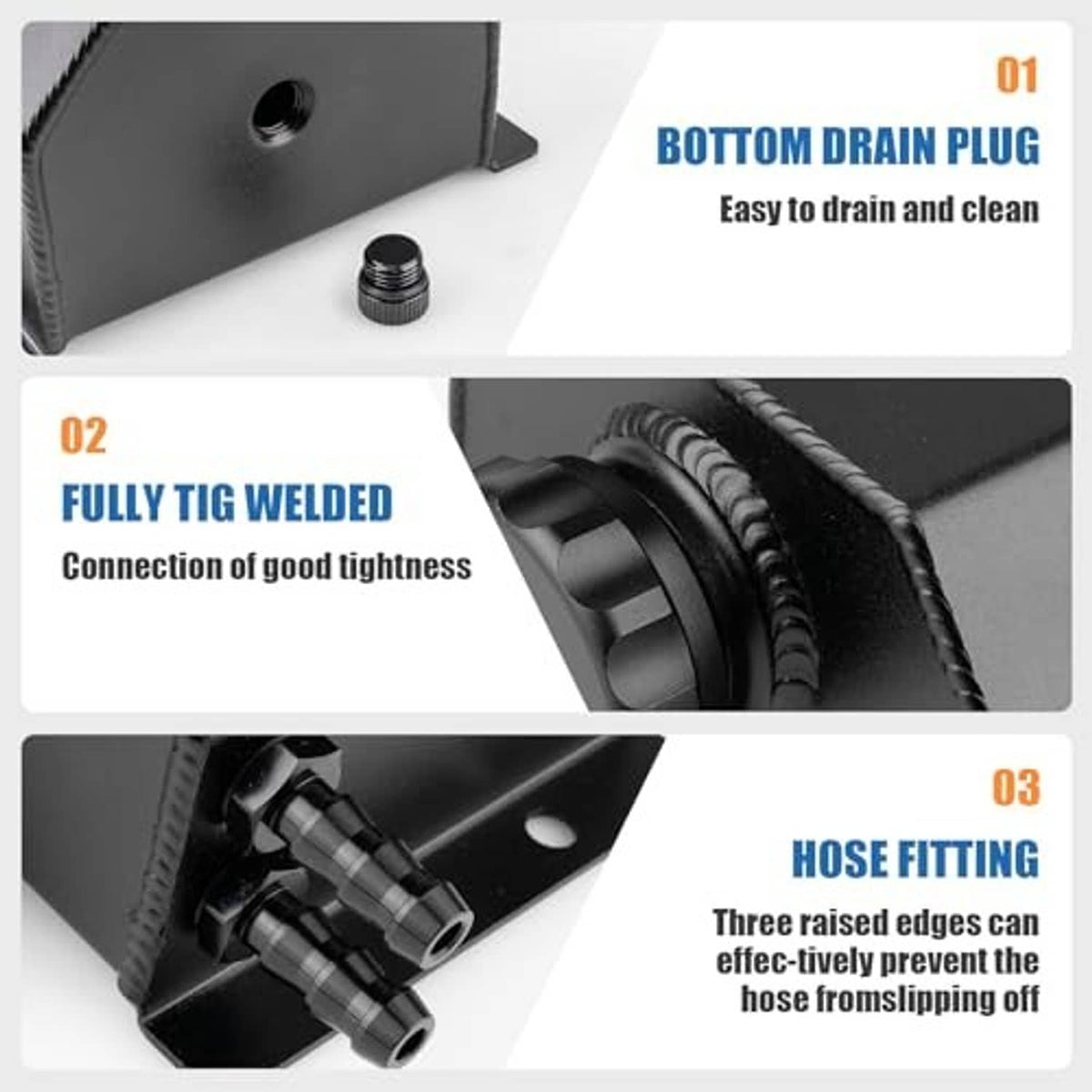Black coolant overflow tank with bottom drain plug and fully TIG-welded connections