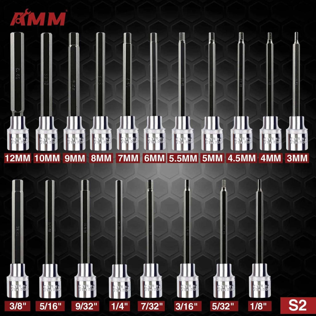 Set of chrome hex socket bits and extensions laid out in rows on a black panel.