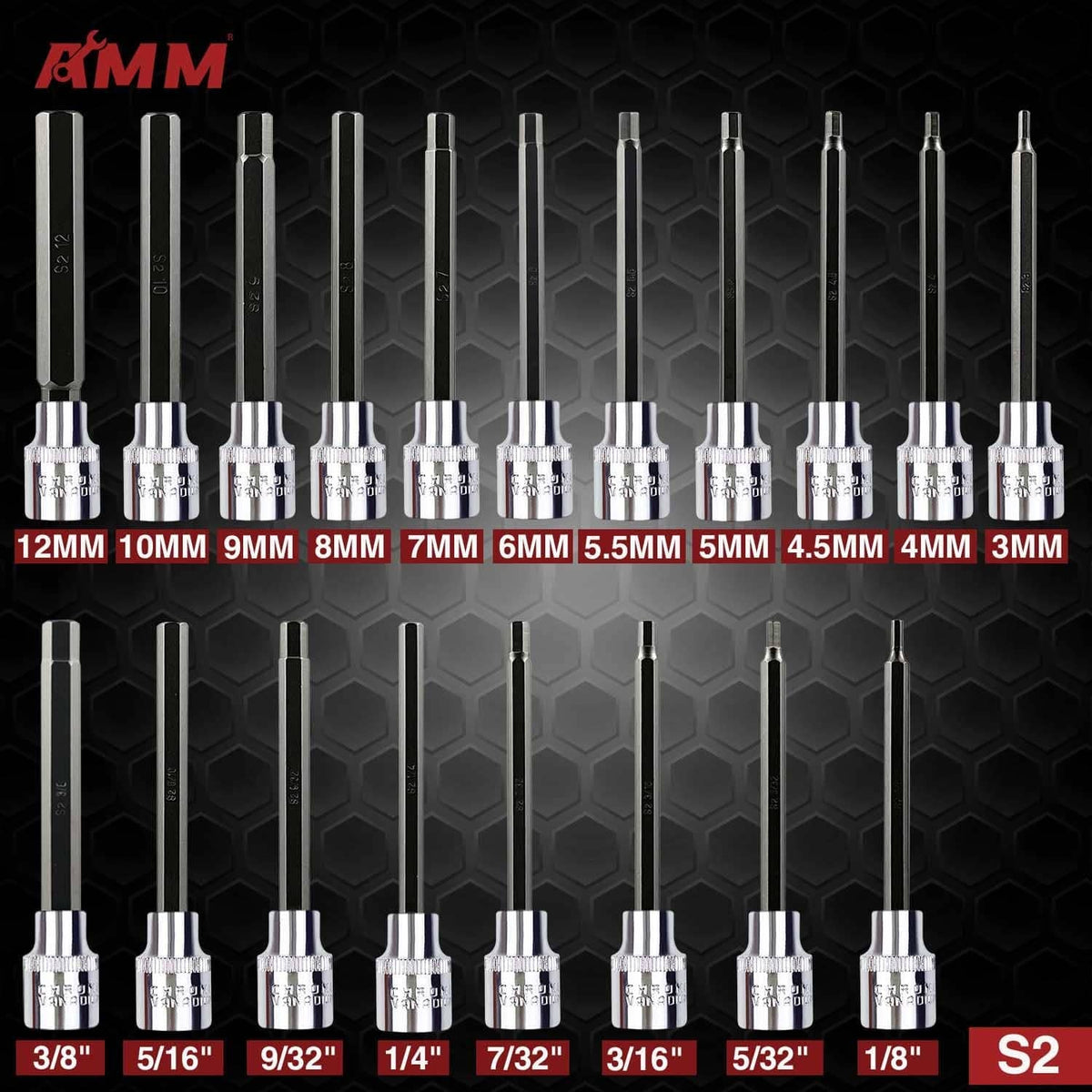 Set of chrome hex socket bits and extensions laid out in rows on a black panel.