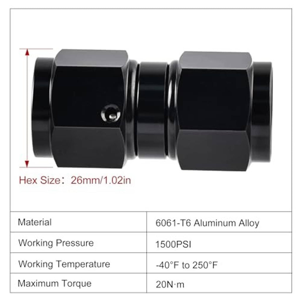 Black AN swivel coupler fitting with hex wrench flats and female threaded openings