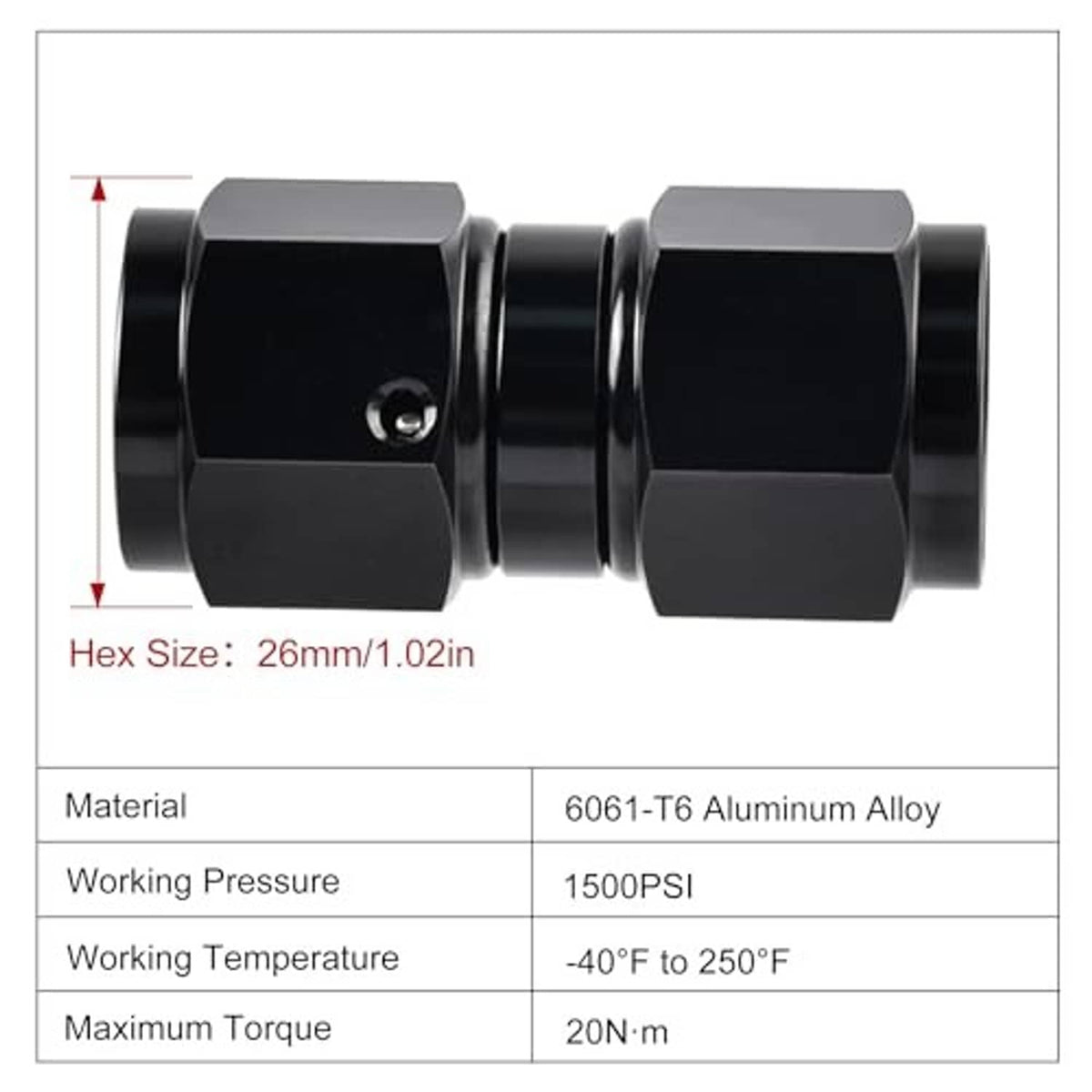 Black AN swivel coupler fitting with hex wrench flats and female threaded openings
