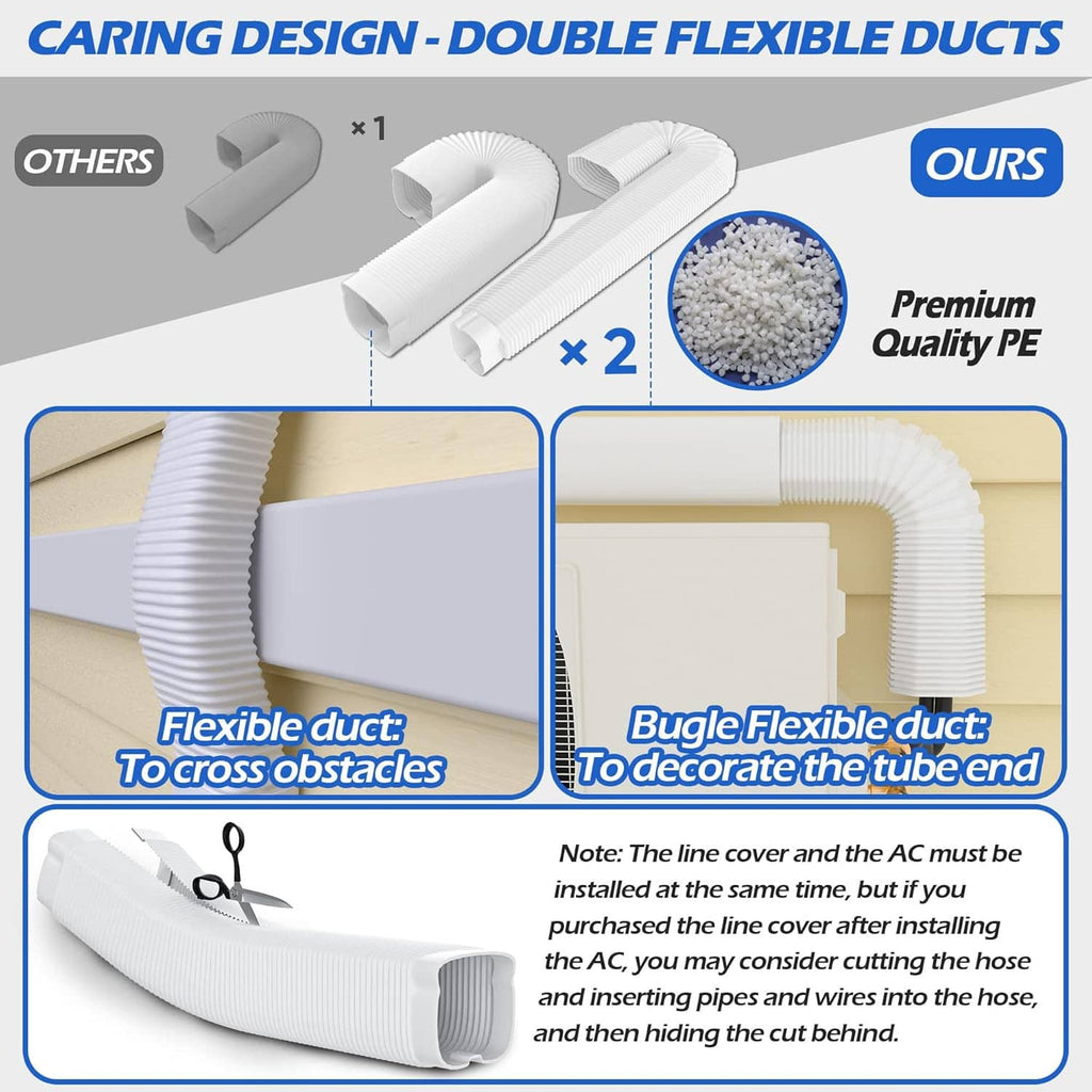 Mini-split line set cover with flexible duct and bender end section for hiding mini-split lines