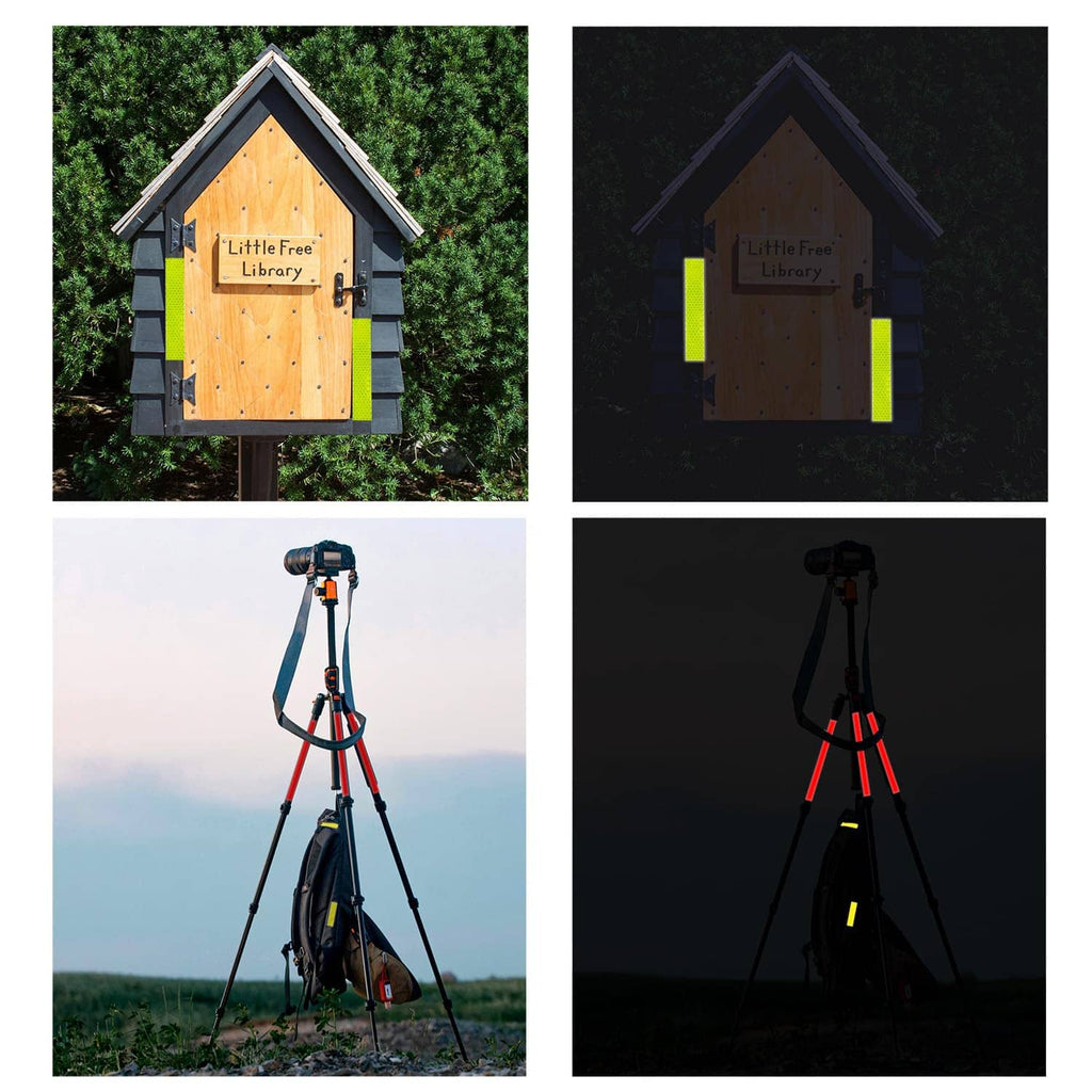 Reflective tape stripes on outdoor wooden sign, neon yellow visible