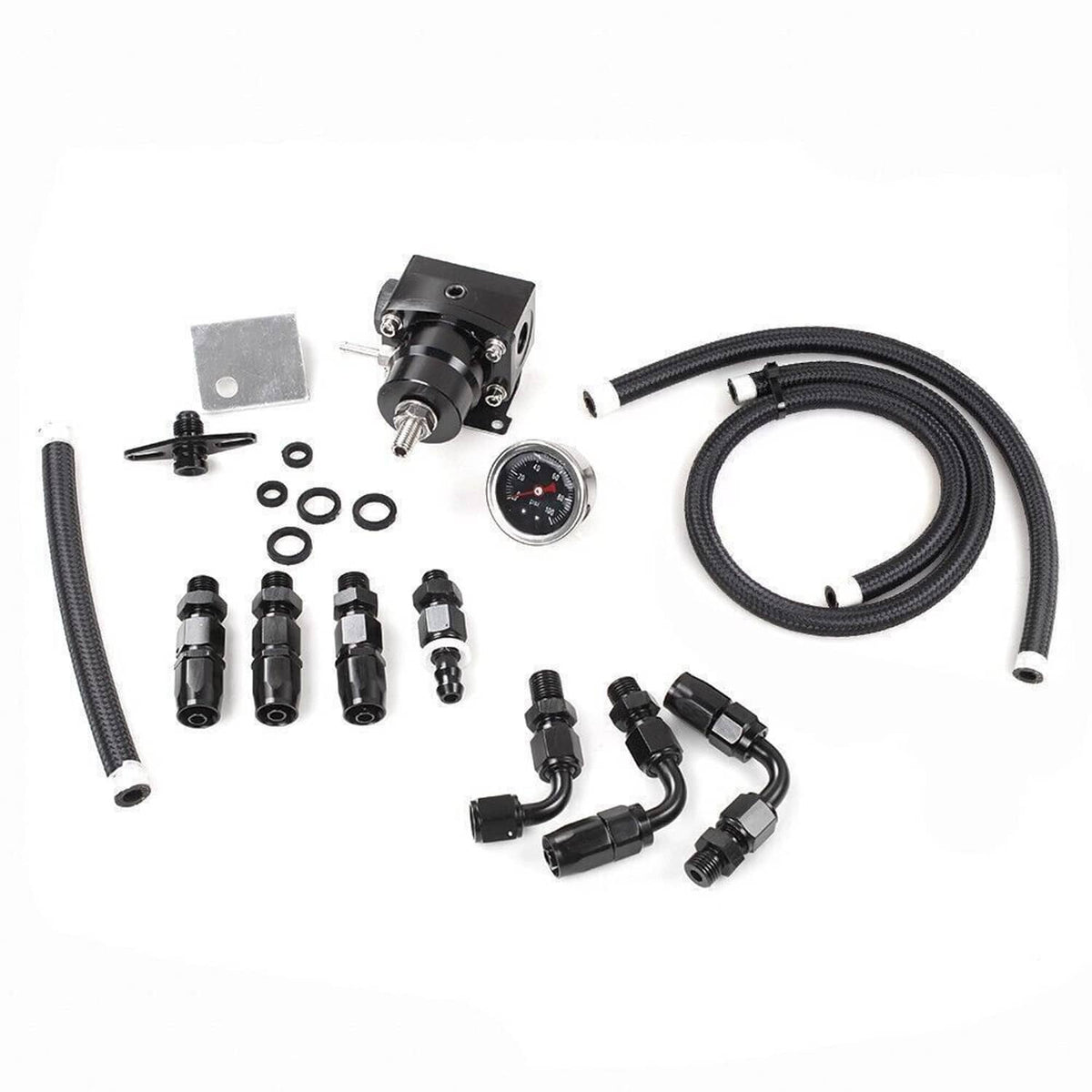 Fuel line system kit with black hoses, fittings, regulator, and pressure gauge