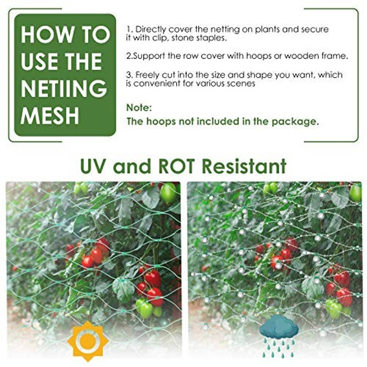 Garden netting covering fruiting plants with UV and rot-resistant protection scenes