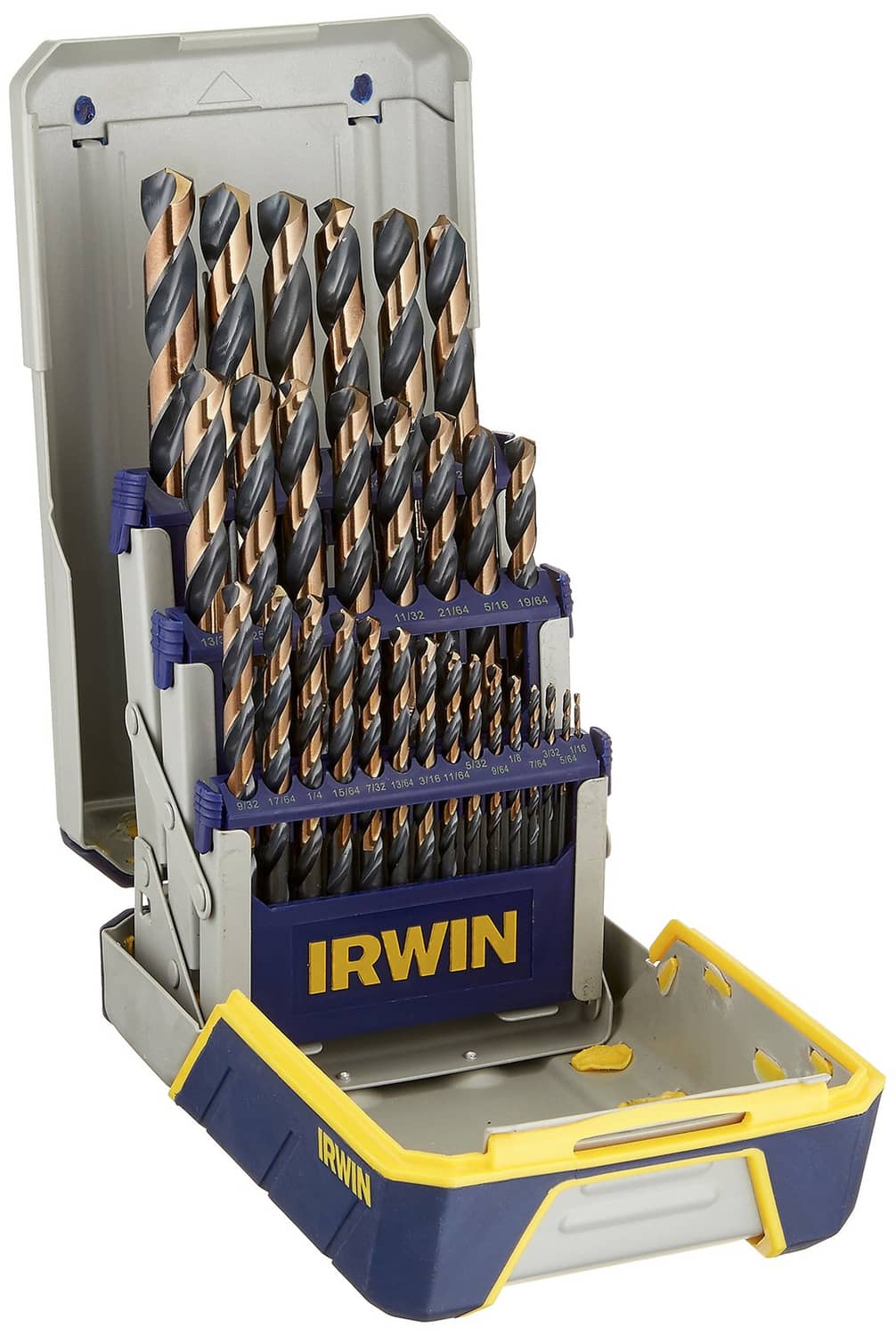 Drill bit set case with 29 high-speed steel bits in labeled slots