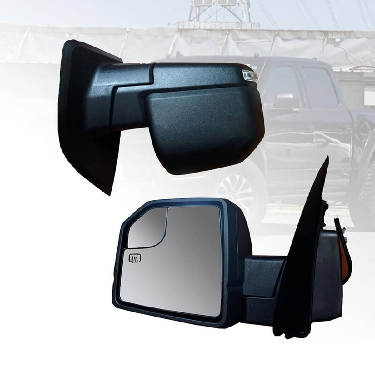 Passenger side door mirror replacement with black housing, mounted to vehicle