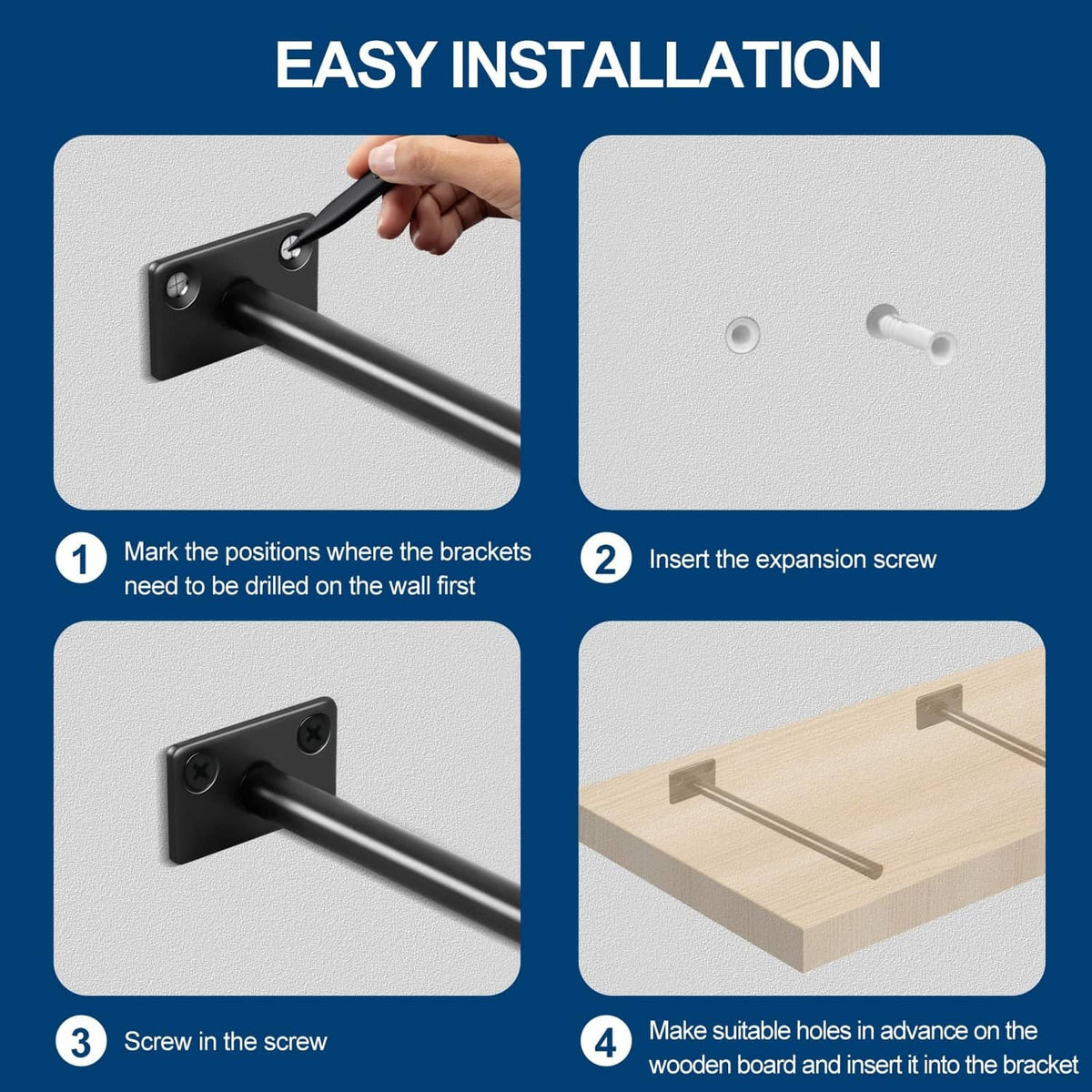 Black shelf brackets with wall plate and bar for simple drilled installation