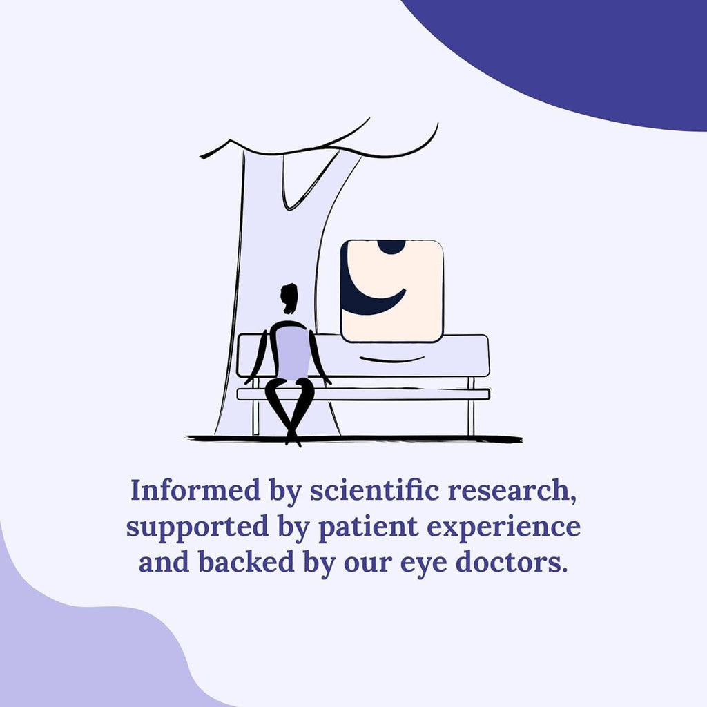 Eye care infographic illustration with a warm compress icon and seated person