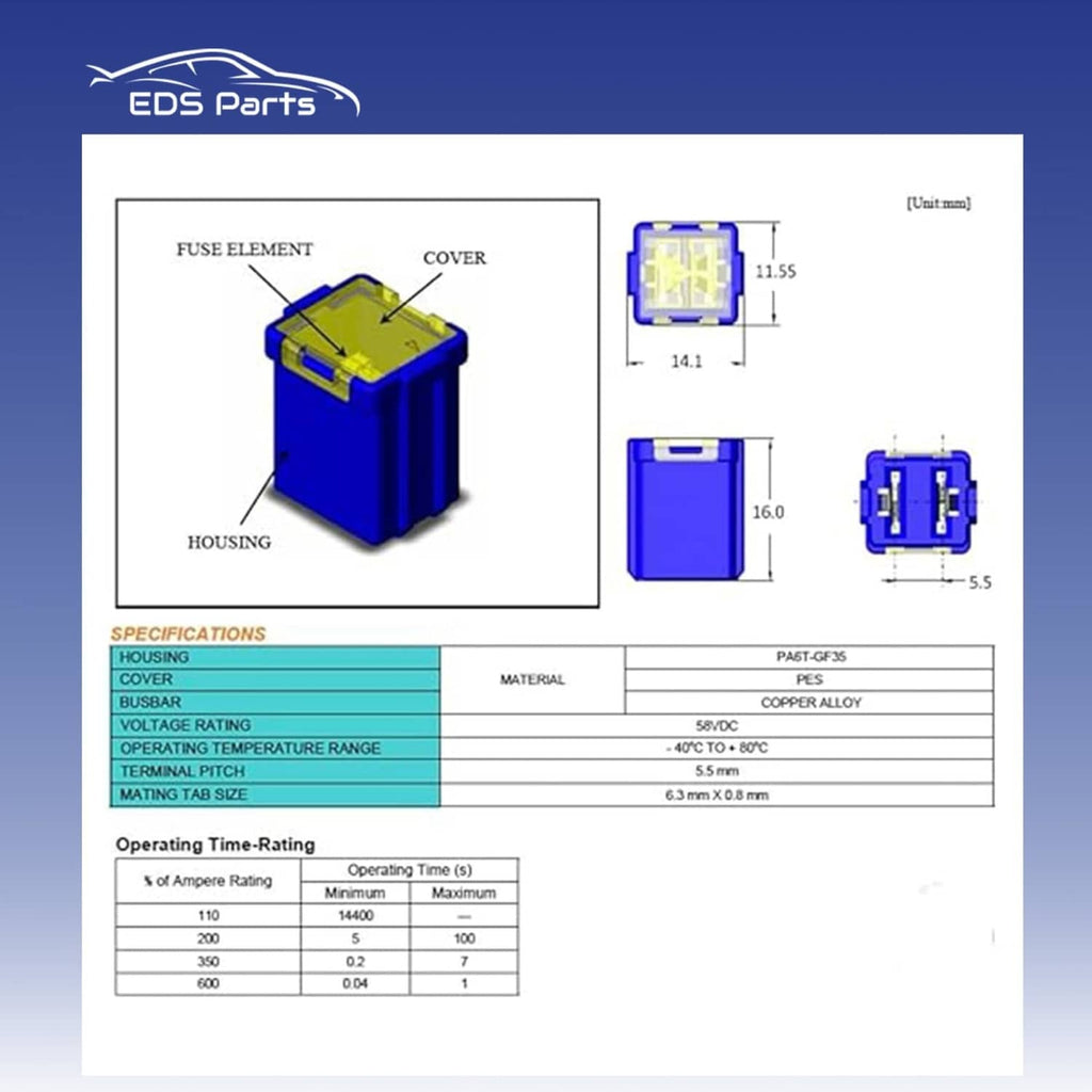 Mini J-case fuse exploded diagram with housing, cover, and dimensions