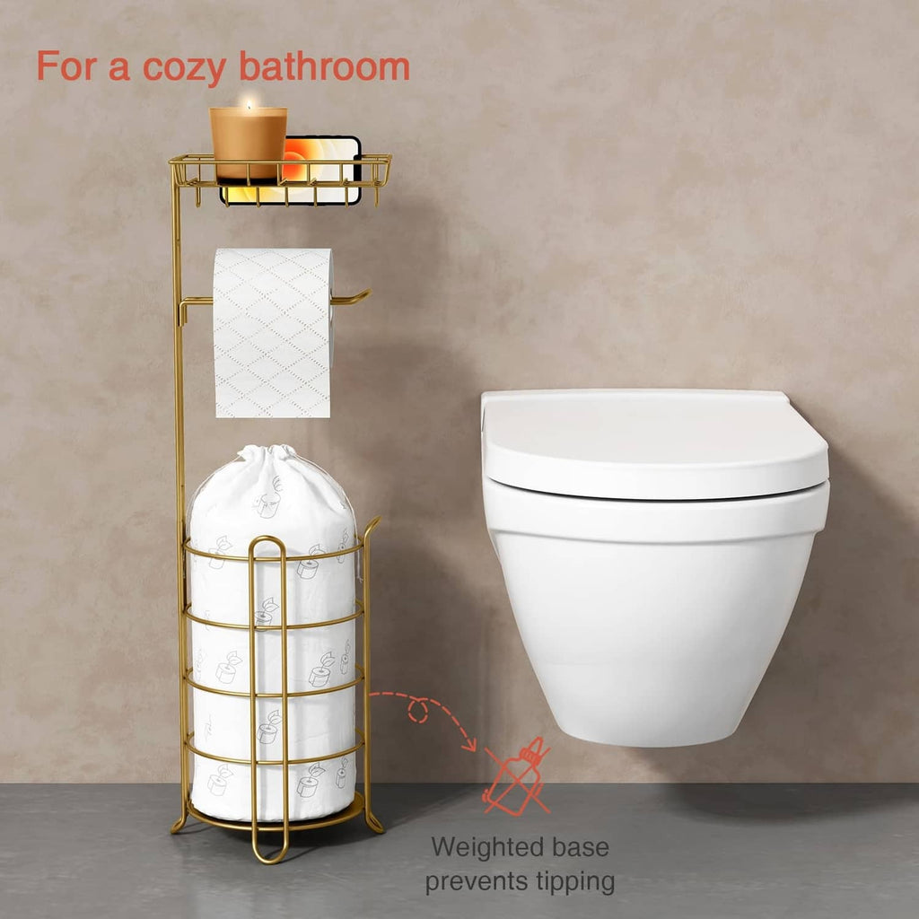 Gold freestanding toilet paper holder stand with weighted base to help prevent tipping