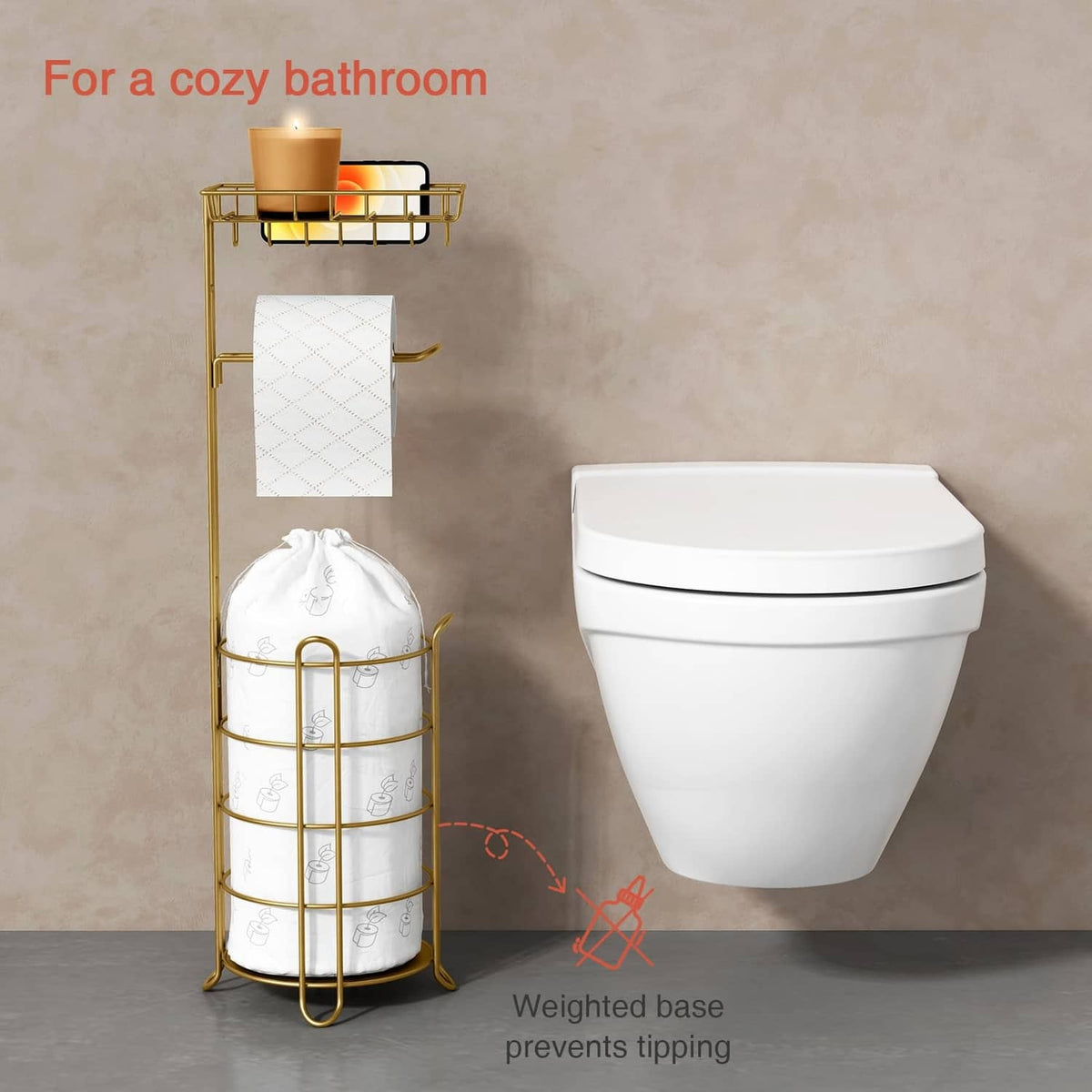 Gold freestanding toilet paper holder stand with weighted base to help prevent tipping