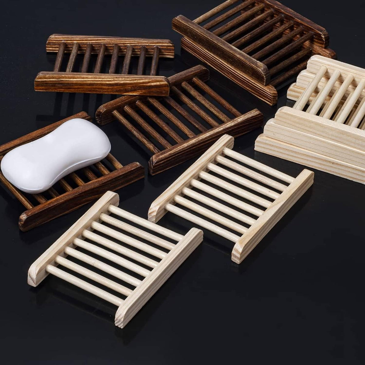 Mixed bamboo soap holder set with light and dark slatted trays and soap bars
