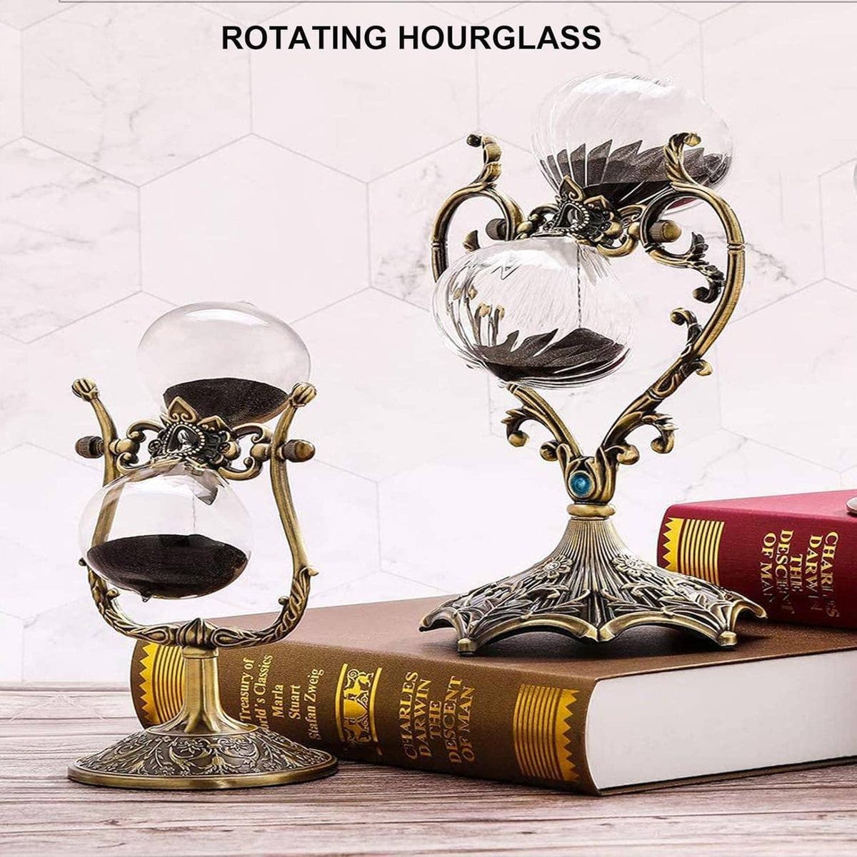 Rotating hourglass timer with clear sand chamber, antique brass stand, and books